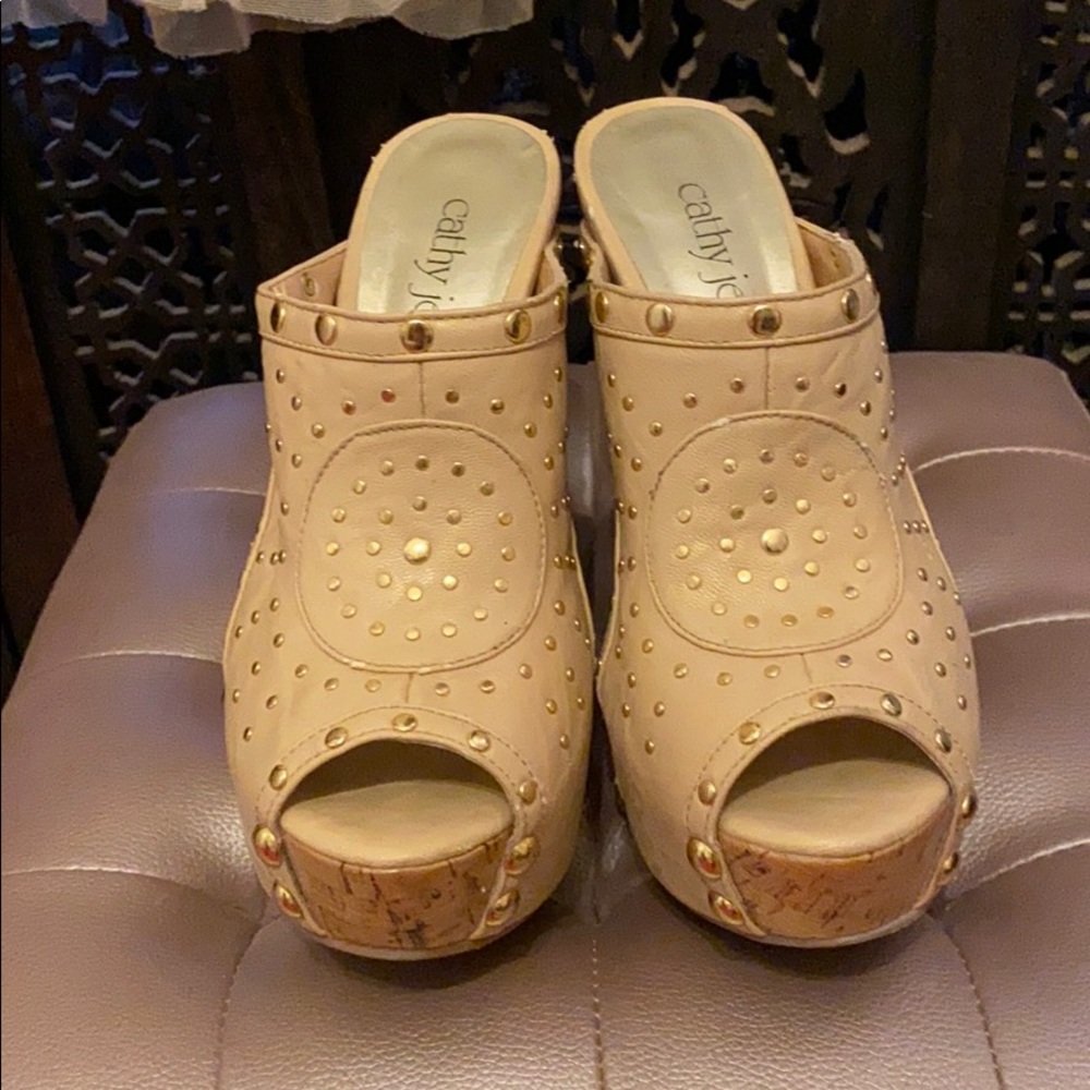 Gold Studded Open Toe Wedges